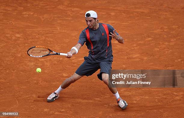 Albert Montanes of Spain in action against Fernando Verdasco of Spain during day five of the ATP Masters Series at the Monte Carlo Country Club on...