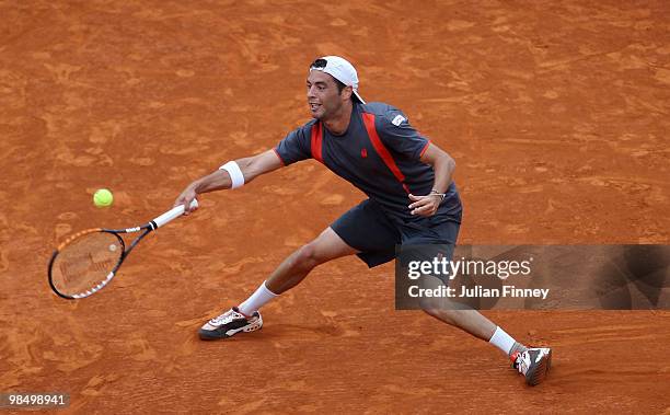 Albert Montanes of Spain in action against Fernando Verdasco of Spain during day five of the ATP Masters Series at the Monte Carlo Country Club on...