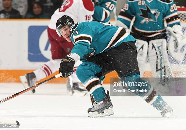 Jed Ortmeyer of the San Jose Sharks dives after the puck during an NHL game vs the Phoenix Coyotes on April 10, 2010 at HP Pavilion at San Jose in...