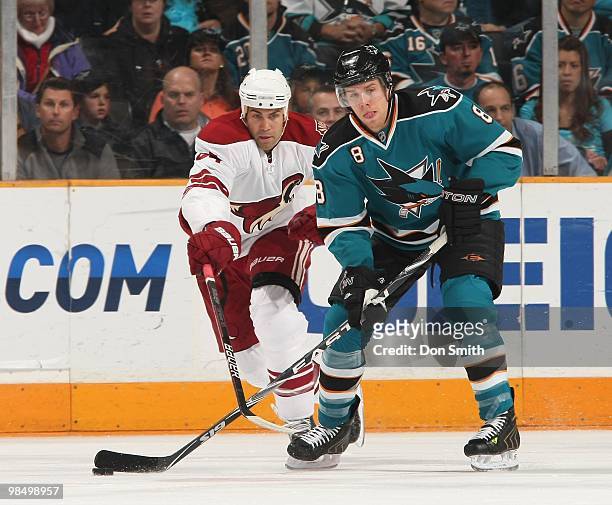 Joe Pavelski of the San Jose Sharks looks to pass the puck during an NHL game vs the Phoenix Coyotes on April 10, 2010 at HP Pavilion at San Jose in...