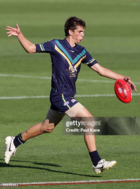 Andrew Gaff of the AIS kicks the ball during the trial match between the AIS AFL Academy and West Perth at Subiaco Oval on April 16, 2010 in Perth,...