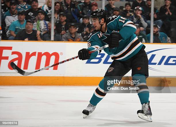 Devin Setoguchi of the San Jose Sharks shoots the puck toward the net during an NHL game vs the Phoenix Coyotes on April 10, 2010 at HP Pavilion at...