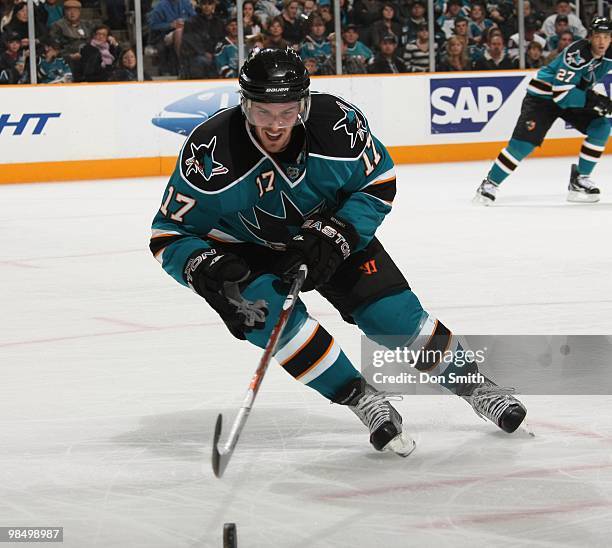 Torrey Mitchell of the San Jose Sharks chases after the puck during an NHL game vs the Phoenix Coyotes on April 10, 2010 at HP Pavilion at San Jose...