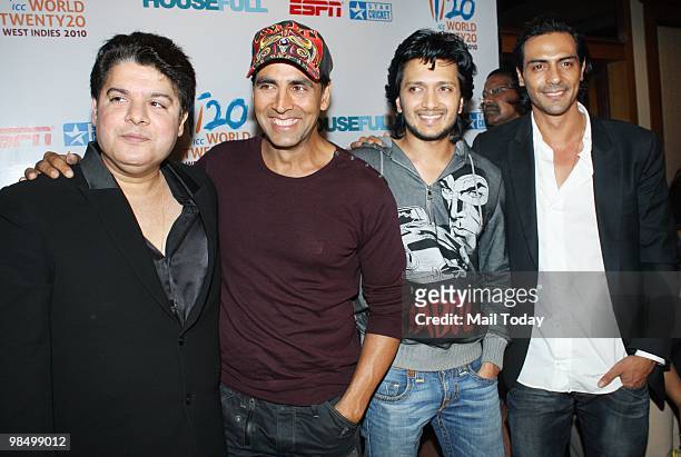 Sajid Khan, Akshay Kumar, Ritesh Deshmukh and Arjun Rampal attend an event in Mumbai on April 14 announcing the promotional tie up of Bollywood Hindi...