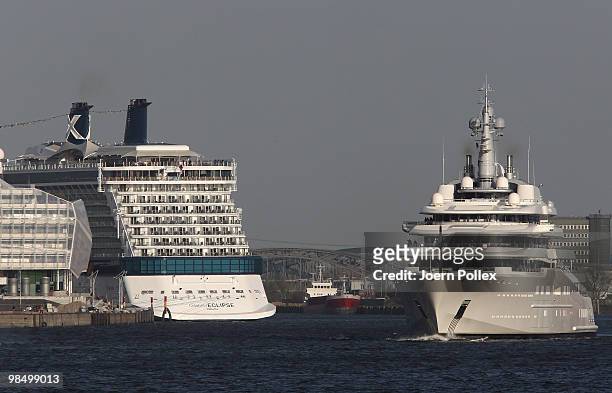 Mega yacht 'Eclipse' is seen near the cruise liner Celebrity Eclipse on April 16, 2010 in Hamburg, Germany. The yacht is owned by Roman Abramovich.