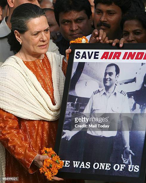 Congress President and United Progressive Alliance Chairperson Sonia Gandhi meets with supporters on the occasion of the 119th birth anniversary of...