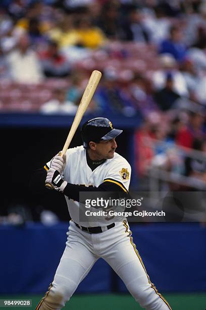 Catcher Lance Parrish of the Pittsburgh Pirates bats during a Major League Baseball game at Three Rivers Stadium in 1994 in Pittsburgh, Pennsylvania.