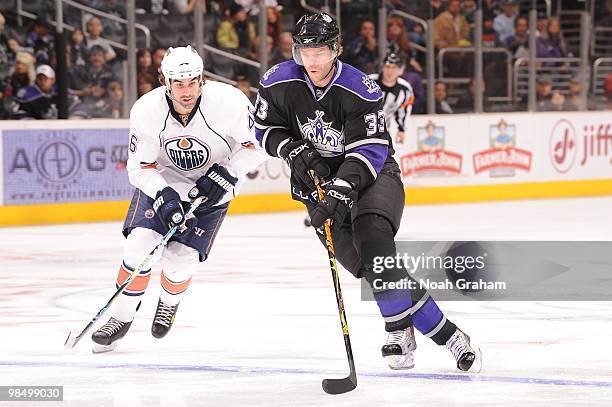 Fredrik Modin of the Los Angeles Kings skates with the puck against the Edmonton Oilers on April 10, 2010 at Staples Center in Los Angeles,...