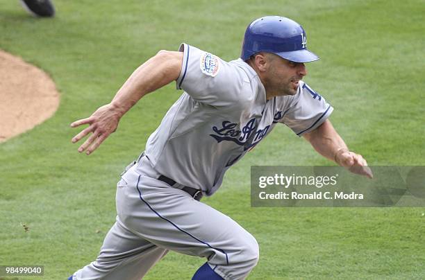 Reed Johnson of the Los Angeles Dodgers runs home during a MLB game against the Florida Marlins at Sun Life Stadium on April 11, 2010 in Miami,...