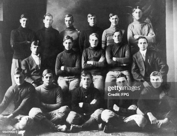 Future U.S. President Dwight D. Eisenhower on his high school football team, Abilene, Kansas, 1909. Eisenhower is in the back row, third from the...