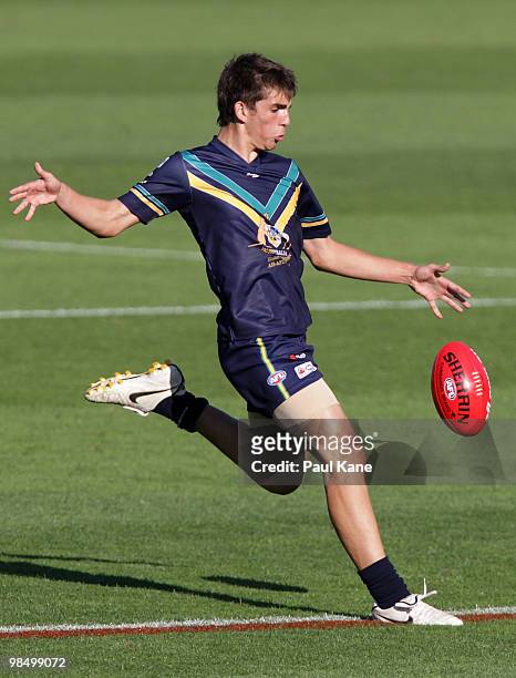 Andrew Gaff of the AIS kicks the ball during the trial match between the AIS AFL Academy and West Perth at Subiaco Oval on April 16, 2010 in Perth,...