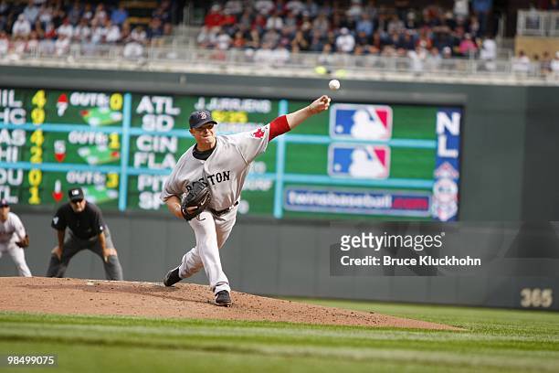 April 12: Jon Lester of the Boston Red Sox pitches to the Minnesota Twins on April 12, 2010 at Target Field in Minneapolis, Minnesota. The Twins won...