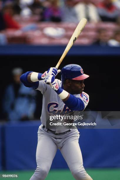 Outfielder Sammy Sosa of the Chicago Cubs bats against the Pittsburgh Pirates during a Major League Baseball game at Three Rivers Stadium in 1994 in...