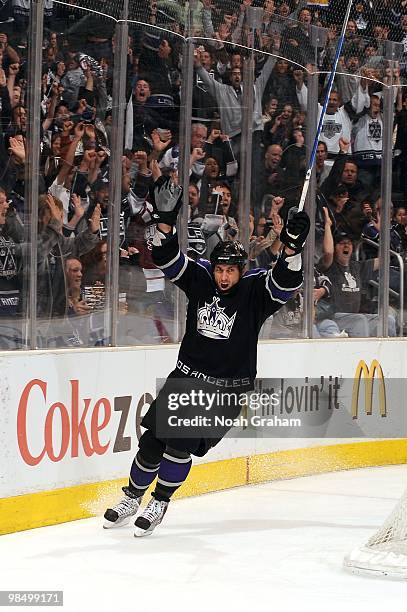 Jarret Stoll of the Los Angeles Kings celebrates after scoring a goal against the Edmonton Oilers on April 10, 2010 at Staples Center in Los Angeles,...