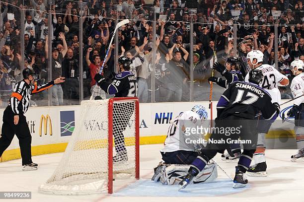 Michal Handzus of the Los Angeles Kings reacts after scoring a goal against the Edmonton Oilers on April 10, 2010 at Staples Center in Los Angeles,...