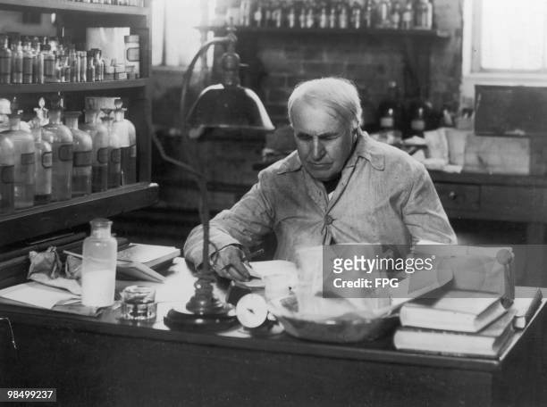 American inventor Thomas Edison in his laboratory at West Orange, New Jersey, circa 1920.