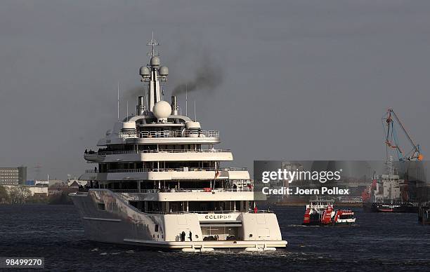 Mega yacht 'Eclipse' leaving the dock of shipyard Blohm and Voss on April 16, 2010 in Hamburg, Germany. The yacht is owned by Roman Abramovich.