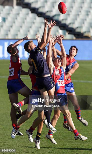 Sam Day of the AIS attempts to mark the ball during the trial match between the AIS AFL Academy and West Perth at Subiaco Oval on April 16, 2010 in...