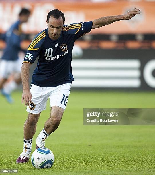 Mid-fielder Landon Donovan of the Los Angeles Galaxy warms up at Robertson Stadium bedfore playing the Houston Dynamo on April 10, 2010 in Houston,...