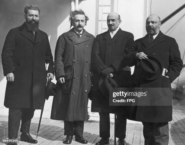 Theoretical physicist Albert Einstein with Zionist leaders on their arrival in New York City on board the SS Rotterdam, during a fundraising tour for...