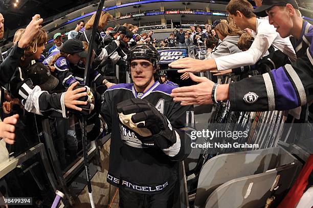 Anze Kopitar of the Los Angeles Kings takes the ice prior to the game against the Edmonton Oilers on April 10, 2010 at Staples Center in Los Angeles,...