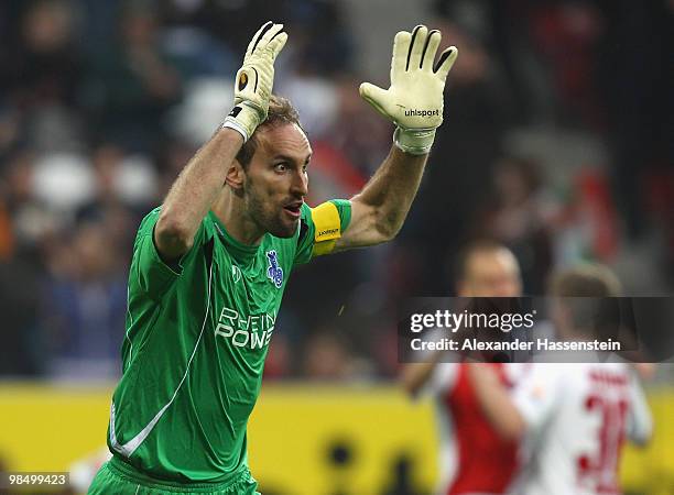 Keeper Tom Starke of Duisburg reacts after receiving the second goal during the Second Bundesliga match between FC Augsburg and MSV Duisburg at...