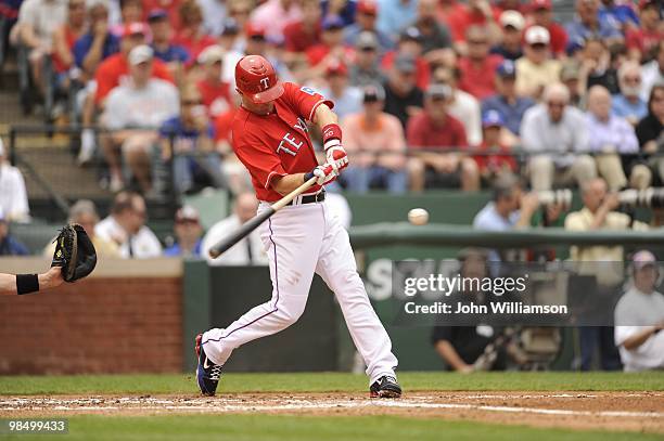 Michael Young of the Texas Rangers bats during the game against the Toronto Blue Jays at Rangers Ballpark in Arlington in Arlington, Texas on Monday,...