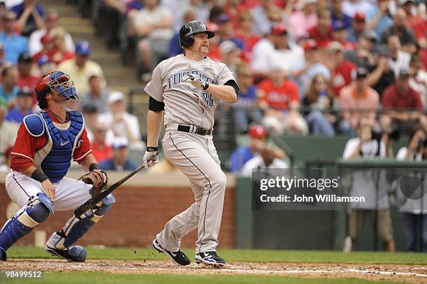 Lyle Overbay of the Toronto Blue Jays bats during the game against the Texas Rangers at Rangers Ballpark in Arlington in Arlington, Texas on Monday,...