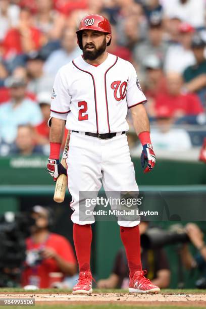 Adam Eaton of the Washington Nationals looks on during game two of a doubleheader against the New York Yankees at Nationals Park on June 18, 2018 in...