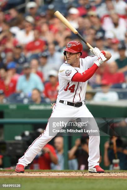 Bryce Harper of the Washington Nationals prepares for a pitch during game two of a doubleheader against the New York Yankees at Nationals Park on...