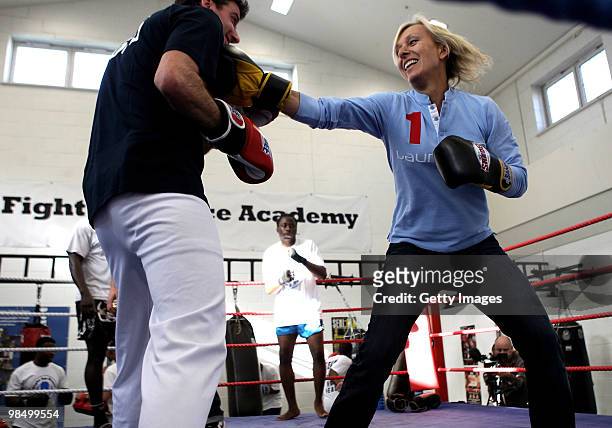 Academy Member Martina Navratilova against journalist Warren Pole during sparring at Fight For Peace Academy at a Laureus Sport For Good Project on...