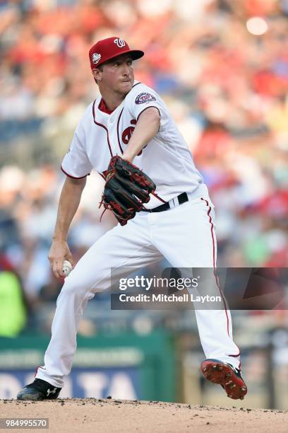 Erick Fedde of the Washington Nationals pitches during game two of a doubleheader against the New York Yankees at Nationals Park on June 18, 2018 in...