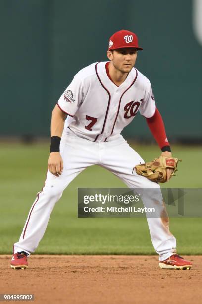 Trea Turner of the Washington Nationals plays the field during game two of a doubleheader against the New York Yankees at Nationals Park on June 18,...