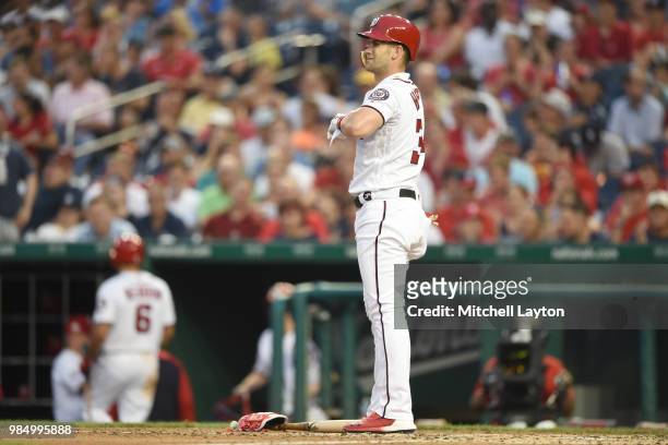 Bryce Harper of the Washington Nationals looks on after striking out during game two of a doubleheader against the New York Yankees at Nationals Park...