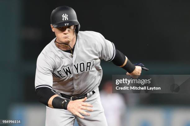 Clint Frazier of the New York Yankees runs to third base during game two of a doubleheader against the Baltimore Orioles at Nationals Park on June...