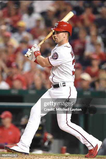 Bryce Harper of the Washington Nationals takes a swing during game two of a doubleheader against the New York Yankees at Nationals Park on June 18,...