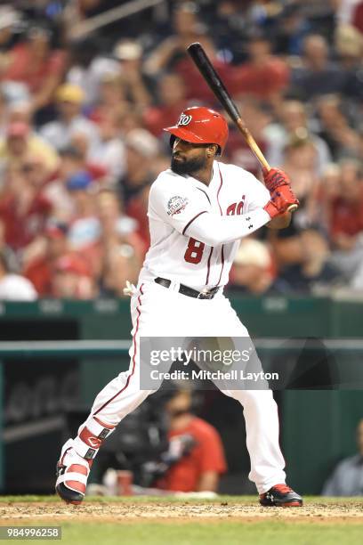 Brian Goodwin of the Washington Nationals prepares for a pitch during game two of a doubleheader against the New York Yankees at Nationals Park on...