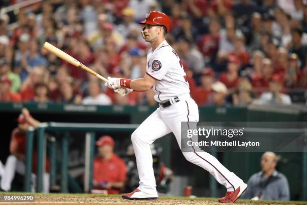 Bryce Harper of the Washington Nationals takes a swing during game two of a doubleheader against the New York Yankees at Nationals Park on June 18,...