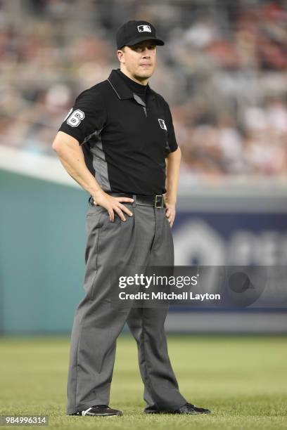 Umpire Chris Segal looks on during game two of a doubleheader between the Washington Nationals and the New York Yankees at Nationals Park on June 18,...