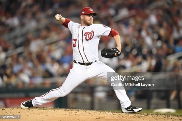 Shawn Kelley of the Washington Nationals pitches during game two of a doubleheader against the New York Yankees at Nationals Park on June 18, 2018 in...