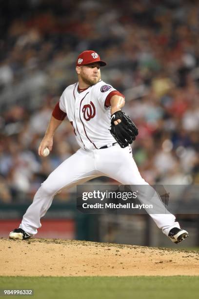 Shawn Kelley of the Washington Nationals pitches during game two of a doubleheader against the New York Yankees at Nationals Park on June 18, 2018 in...