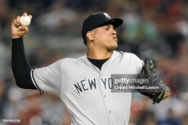 Dellin Betances of the New York Yankees pitches during game two of a doubleheader against the Baltimore Orioles at Nationals Park on June 18, 2018 in...