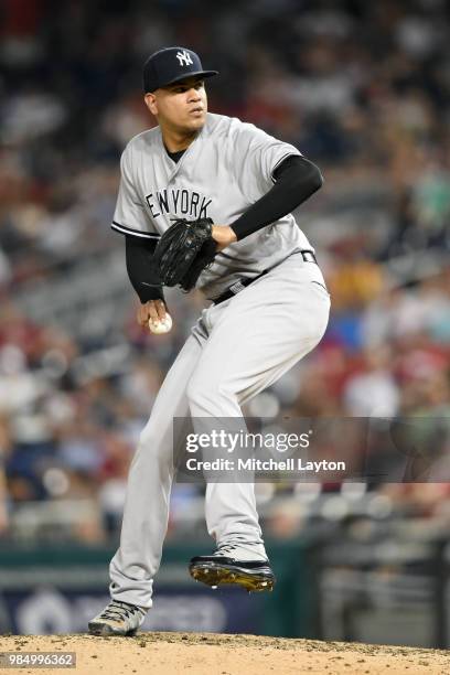 Dellin Betances of the New York Yankees pitches during game two of a doubleheader against the Baltimore Orioles at Nationals Park on June 18, 2018 in...