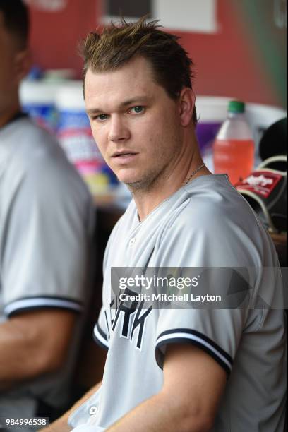 Sonny Gray of the New York Yankees looks on form the dugout during game two of a doubleheader against the Baltimore Orioles at Nationals Park on June...