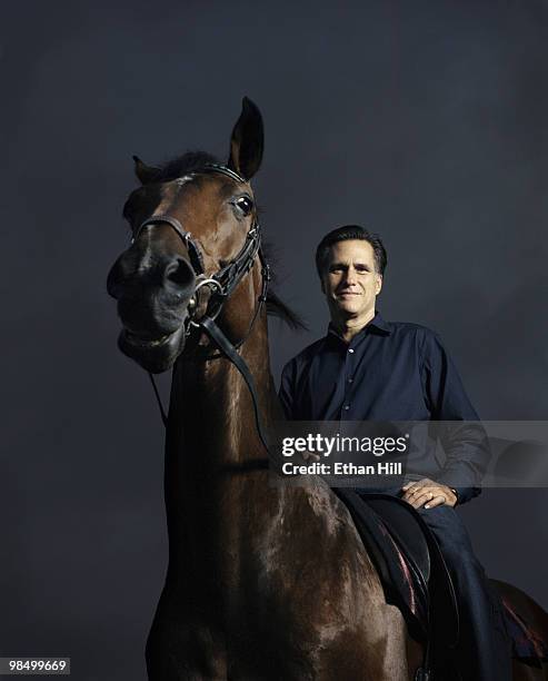 Former Governor of Massachusetts and politician, Mitt Romney riding one of his horses at a portrait session for Newsweek Magazine in Massachusetts in...