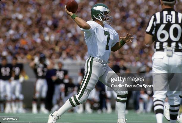 Quarterback Ron Jaworski of the Philadelphia Eagles throws a pass against the Chicago Bears circa 1984 during an NFL football game at Soldier Field...