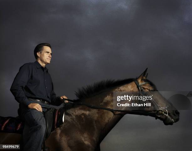 Former Governor of Massachusetts and politician, Mitt Romney riding one of his horses at a portrait session for Newsweek Magazine in Massachusetts in...