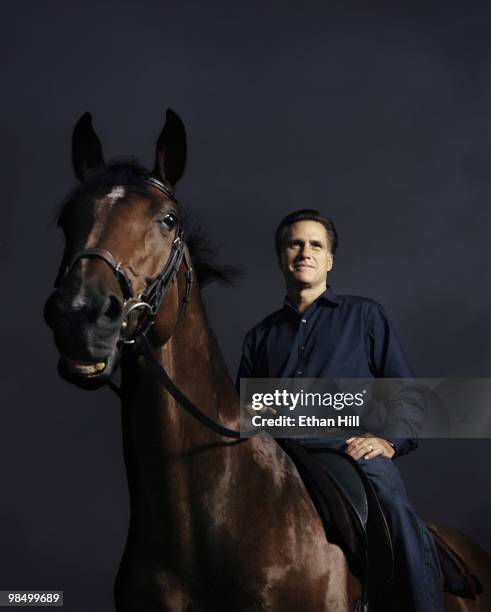 Former Governor of Massachusetts and politician, Mitt Romney riding one of his horses at a portrait session for Newsweek Magazine in Massachusetts in...