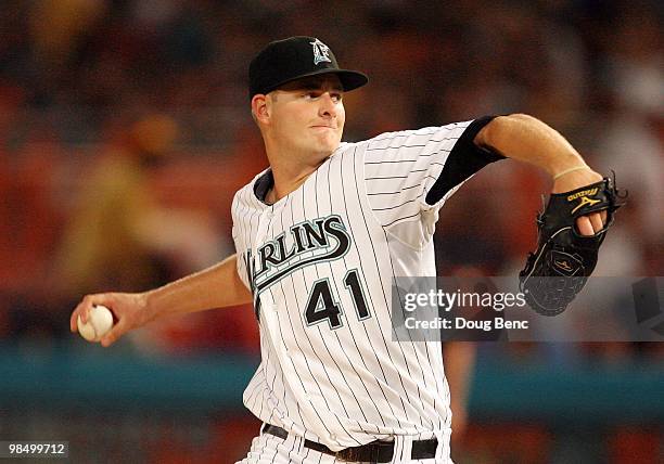 Starting pitcher Chris Volstad of the Florida Marlins pitches against the Los Angeles Dodgers during the Marlins home opening game at Sun Life...