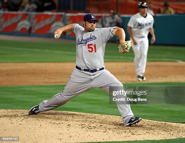 Relief pitcher Jonathan Broxton of the Los Angeles Dodgers pitches against the Florida Marlins during the Marlins home opening game at Sun Life...